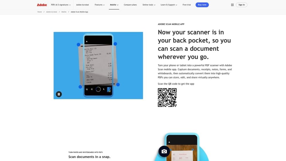 Screenshot of Adobe Scan website